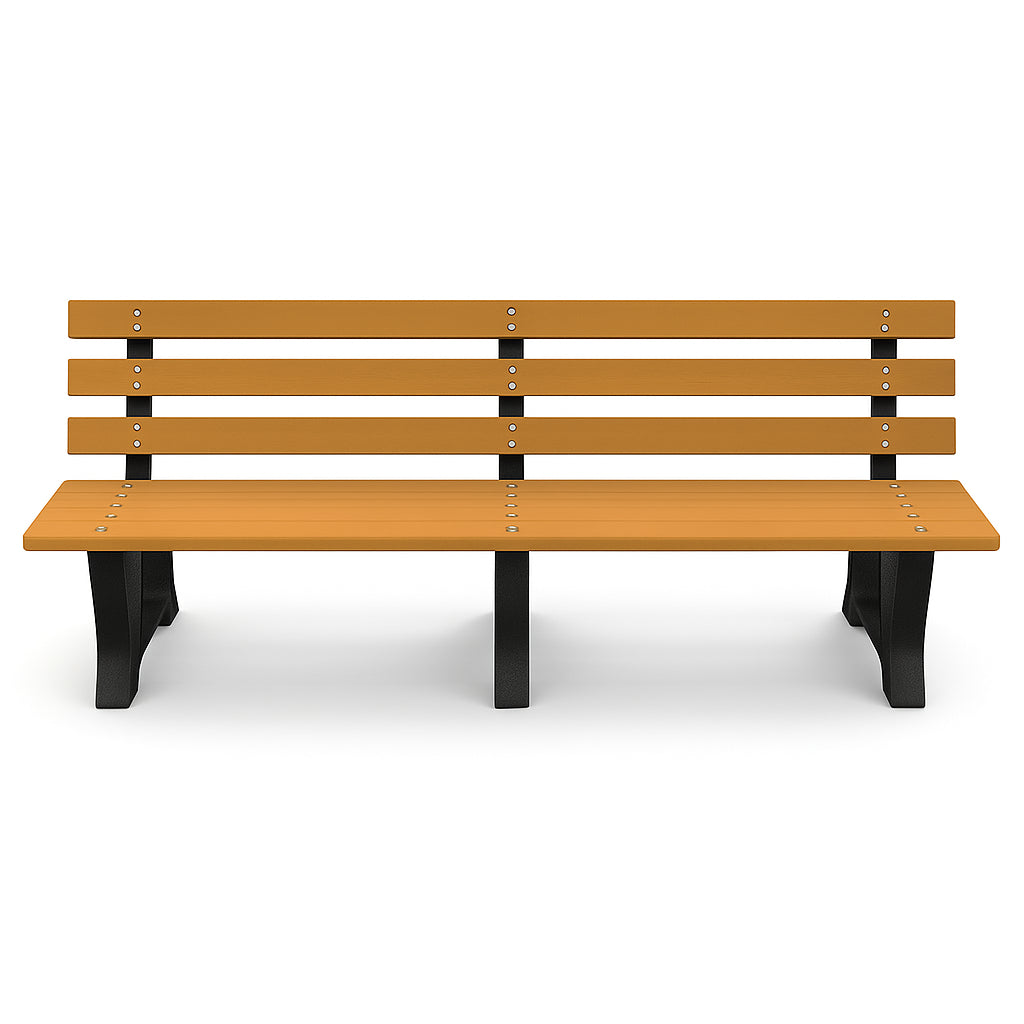 Outdoor park bench with recycled resinwood slats and black heavy-duty aluminum frame, front view.