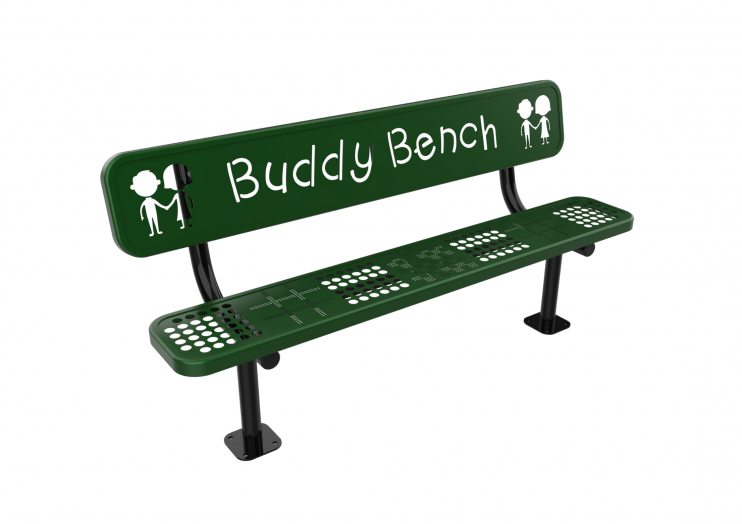 Green playground bench with perforated tic-tac-toe and checkers game patterns and child figure cutouts on backrest