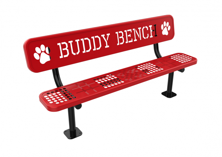 Red playground bench with black frame, perforated seat featuring tic-tac-toe and checkers patterns, paw prints on backrest