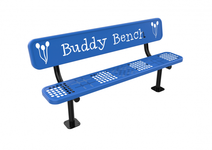 Buddy Bench playground bench with perforated game pattern featuring Tic-Tac-Toe and Chess/Checkers designs on blue thermoplastic seat and backrest