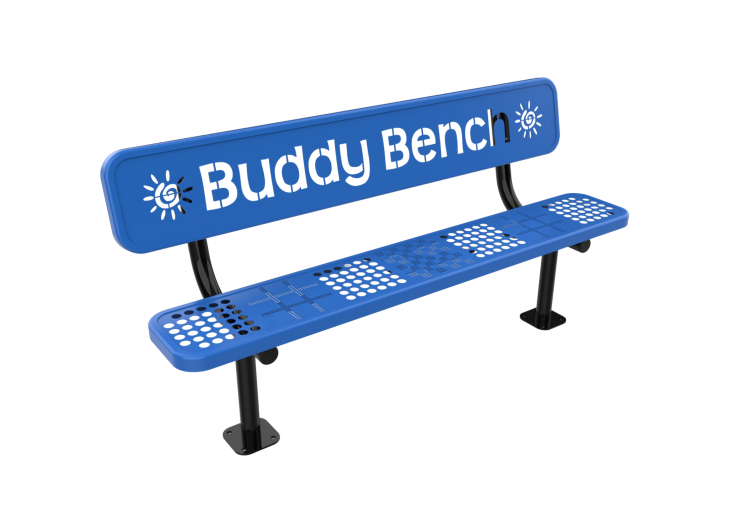 Blue playground bench with perforated tic-tac-toe and checkers game patterns on seat and backrest