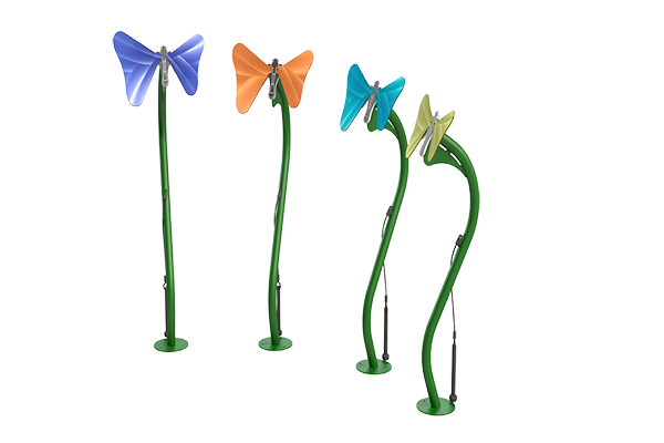 Four colorful butterfly-shaped outdoor musical instruments with green stems and attached mallets for toddler play and sensory development.