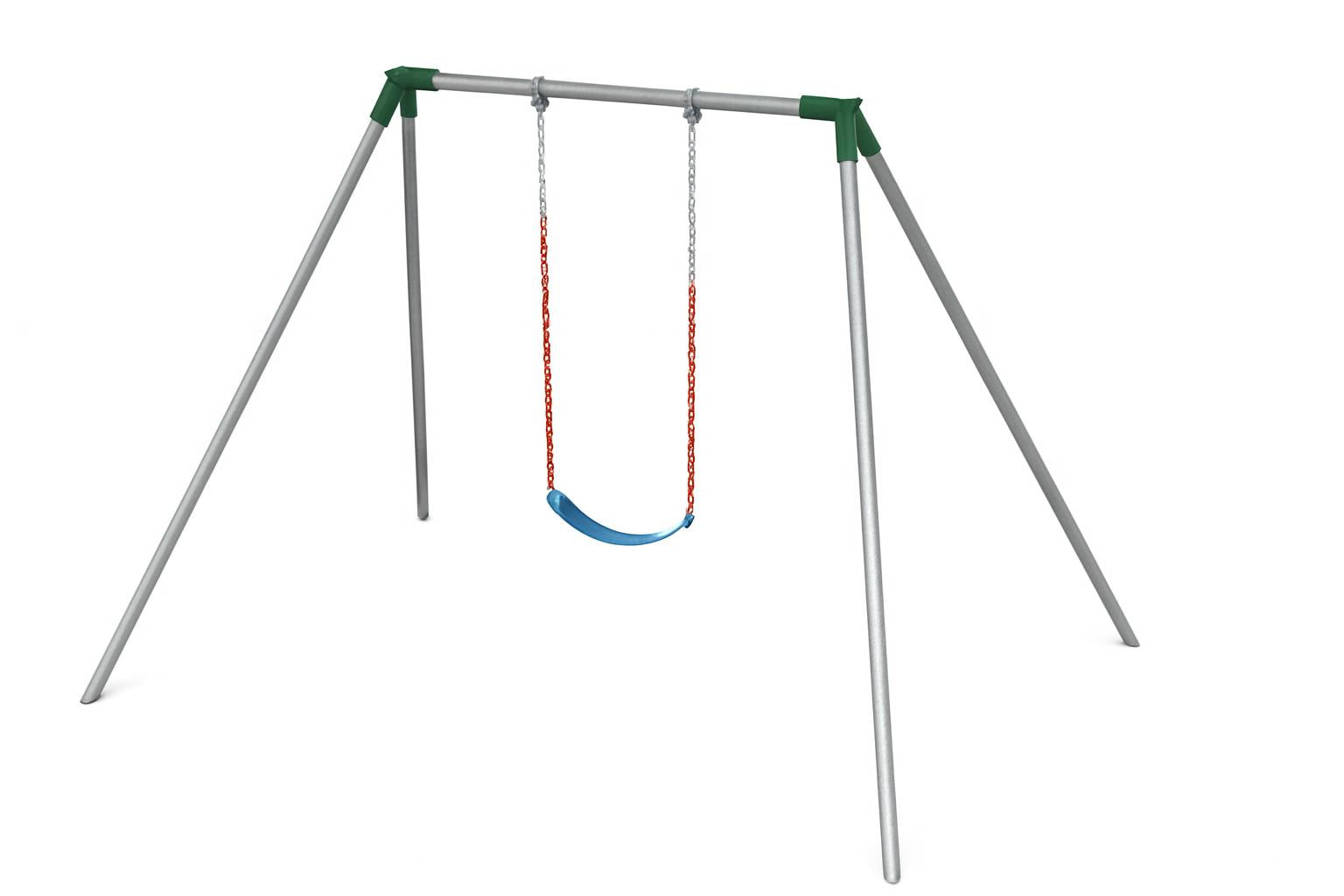 Standard 8 Foot High Swing Set with single blue seat and red chains on metal frame in outdoor grassy area