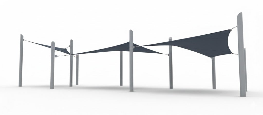 4 Point Sail Shade Structure with navy blue fabric stretched over four light gray poles for outdoor sun protection