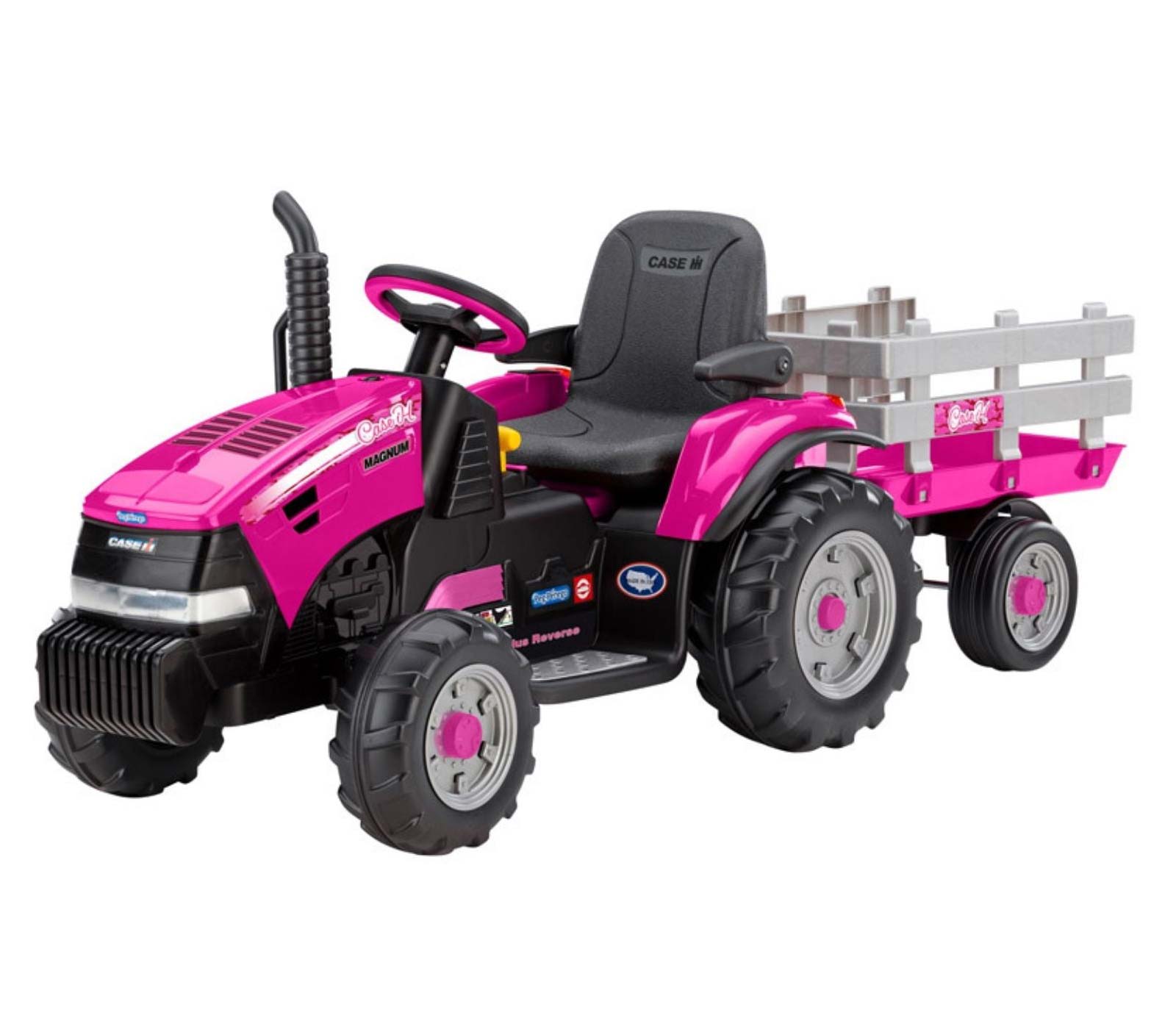 CASE IH Magnum Tractor with detachable stake-side trailer, pink 12-volt ride-on vehicle with realistic farm tractor wheels