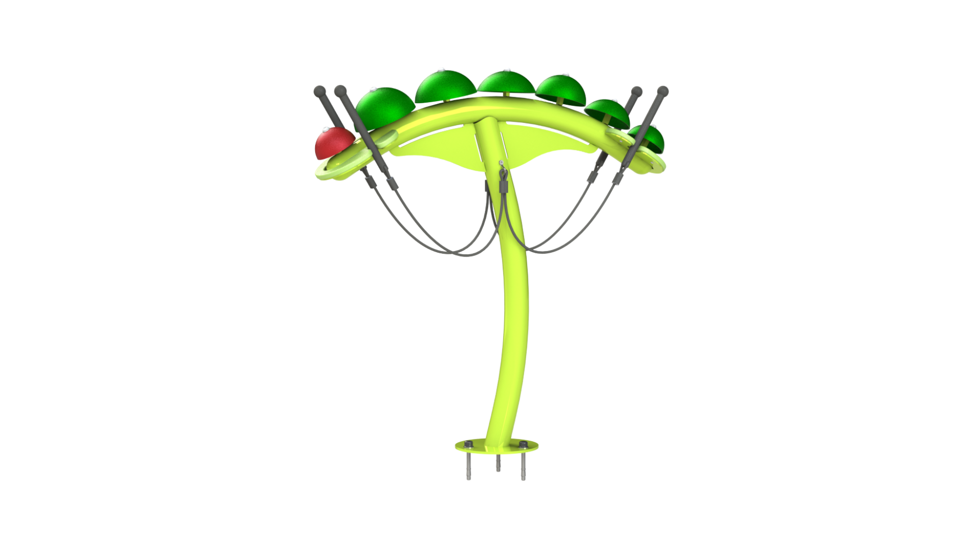 Caterpillar Outdoor Musical Park Instrument with seven colorful bells on a curved green frame and attached mallets for playful outdoor music.