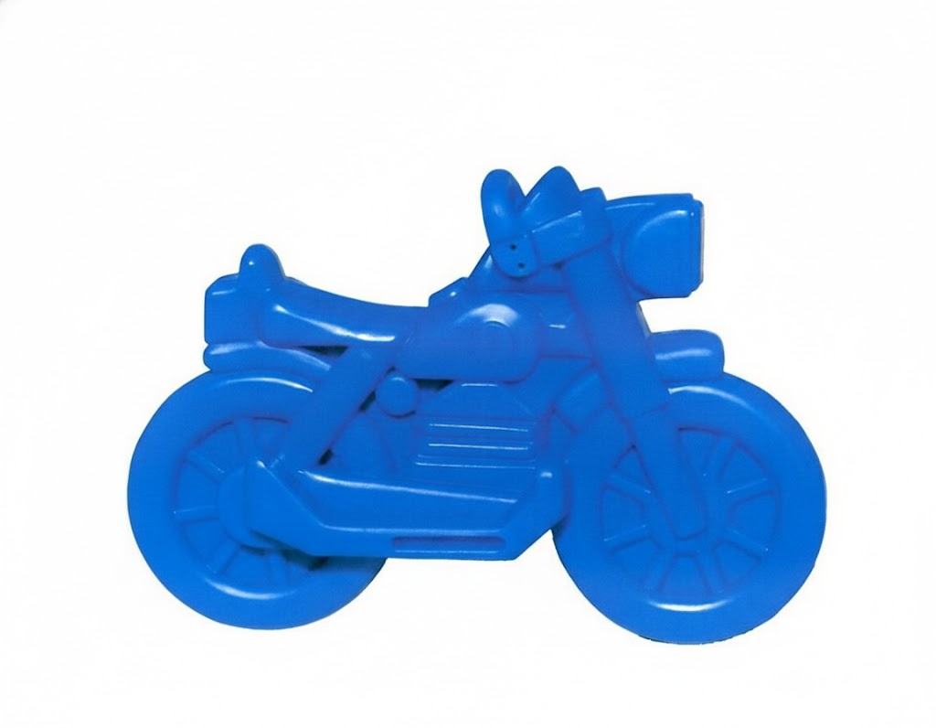 Bright blue Roto Molded Spring Ride Motorcycle with lightning bolt decals and enclosed rubber spring for smooth motion