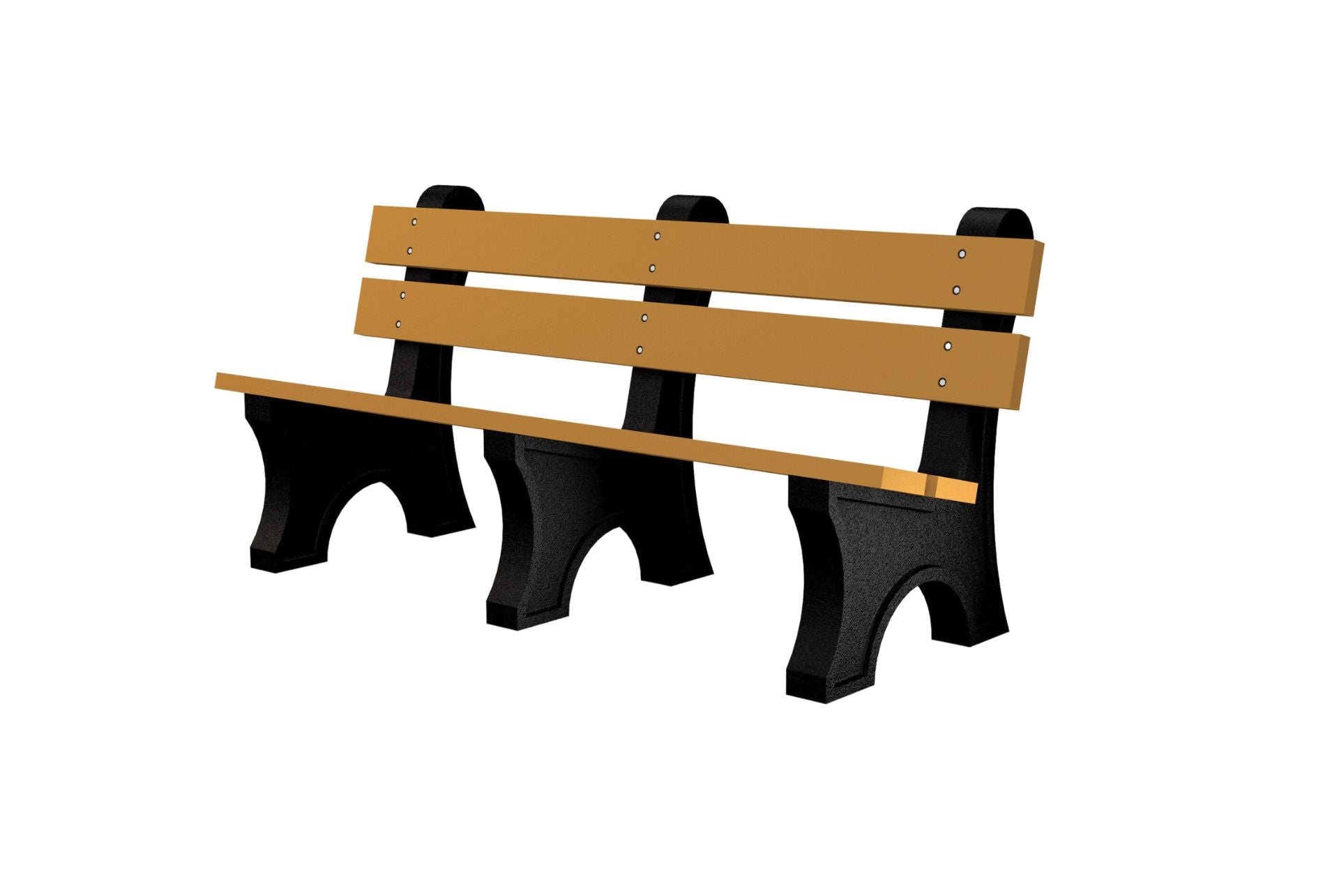 Colonial Recycled Plastic Park Bench with wide brown resinwood slats and black aluminum frame, durable eco-friendly outdoor seating