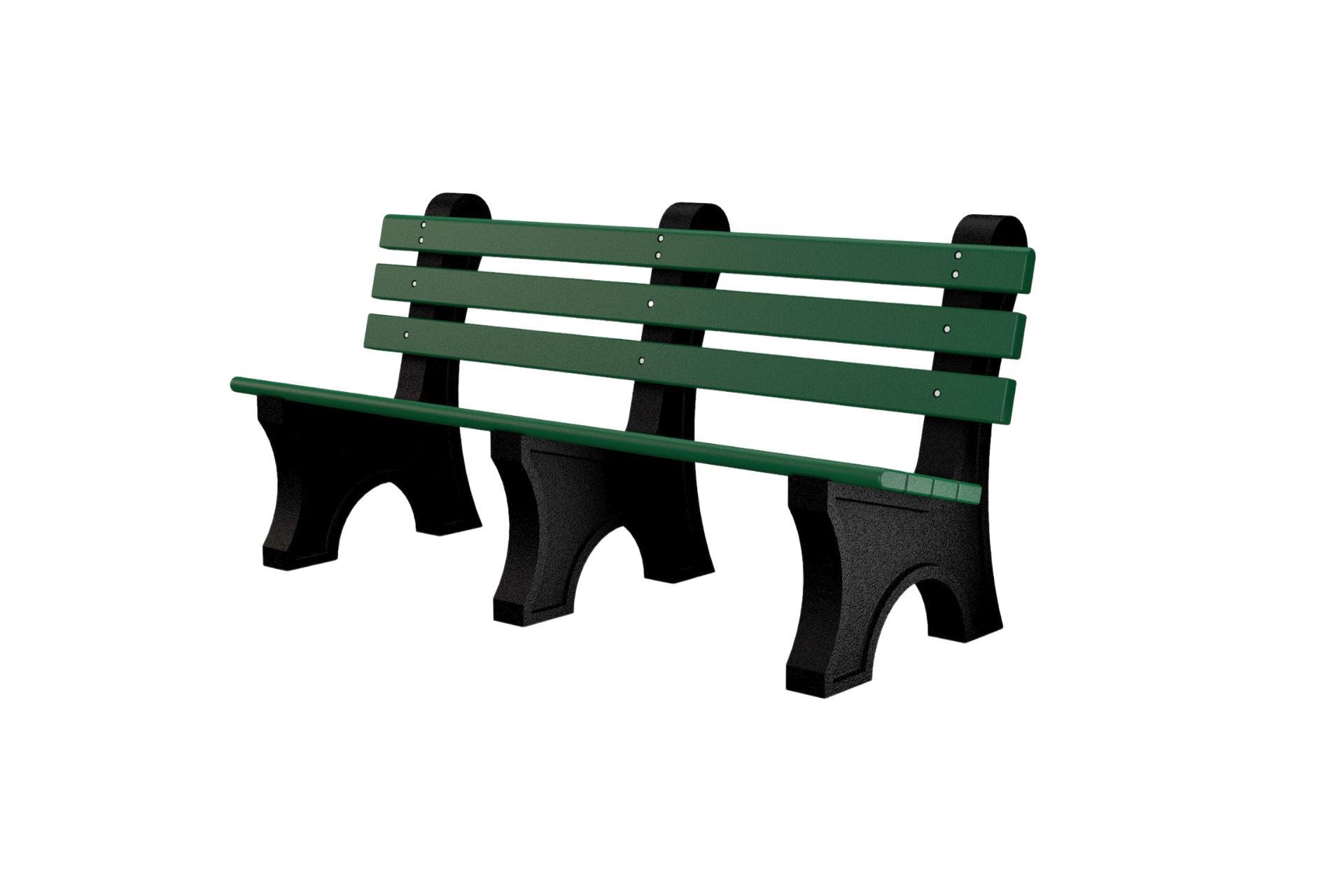 Comfort Park Avenue Recycled Plastic Park Bench with green resinwood slats and black aluminum frame, traditional outdoor seating