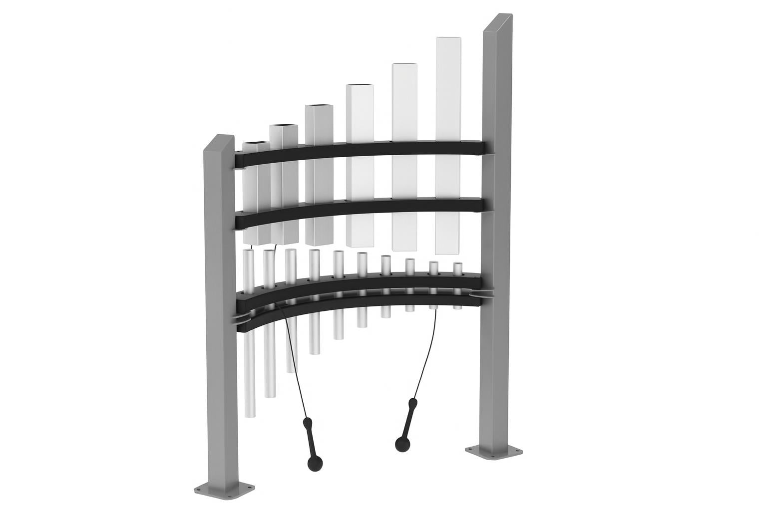 Titan Tines outdoor musical park instrument with vertical anodized aluminum tubes in a curved modern frame and attached mallets