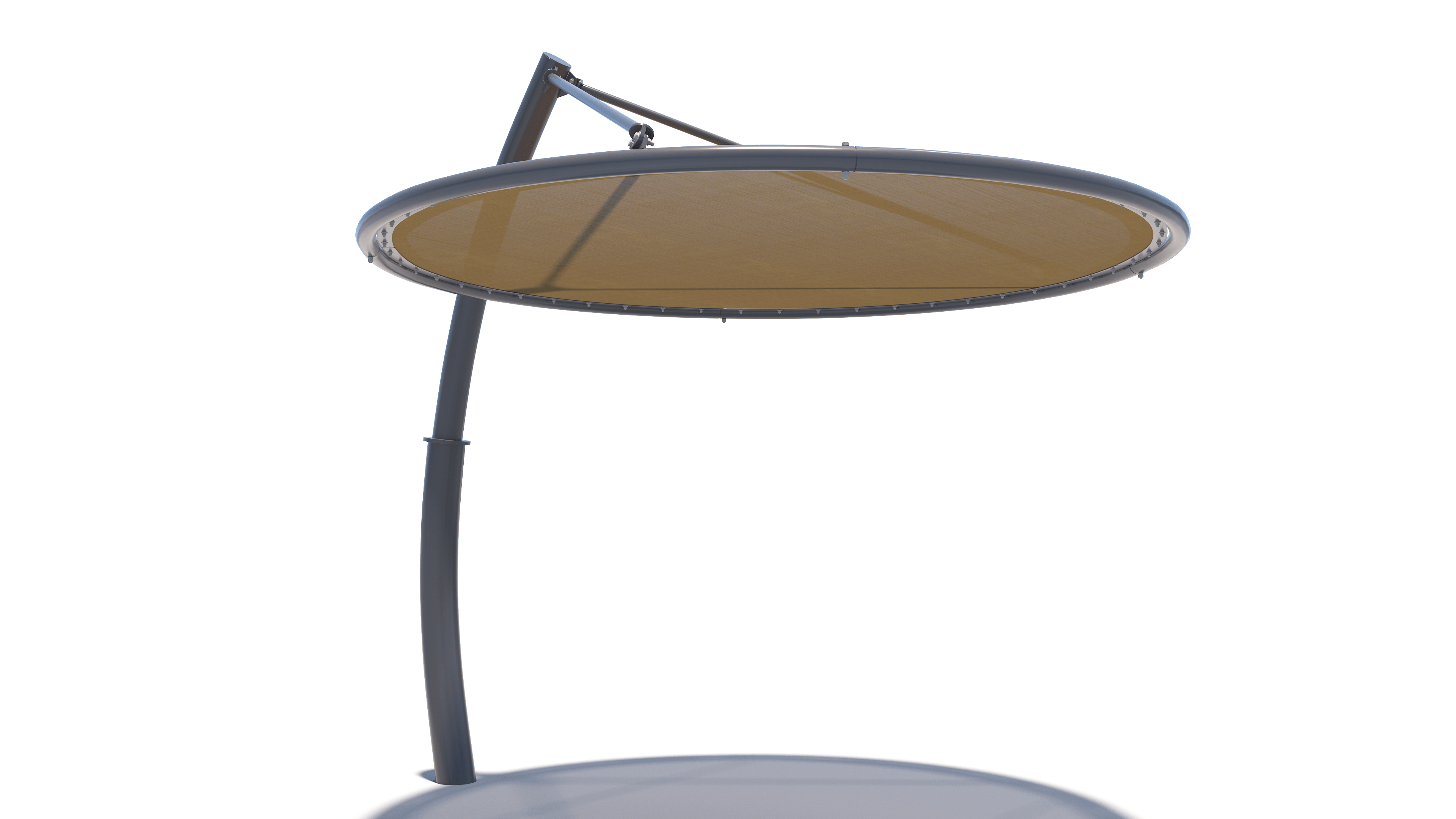 Minimalist cantilever shade with circular fabric canopy and curved metal support column, modern outdoor sun protection structure