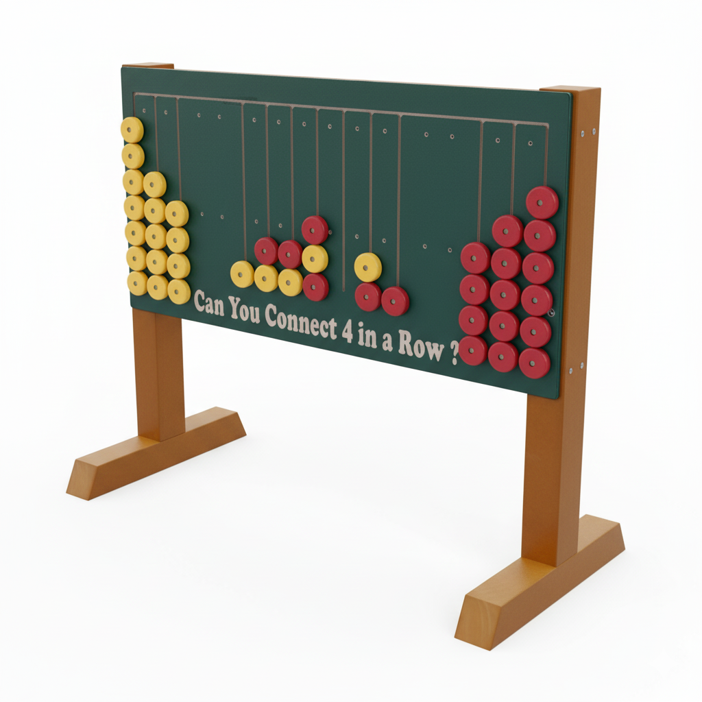 Can You Connect 4 In A Row playground game panel with yellow and red discs on green board and wood supports