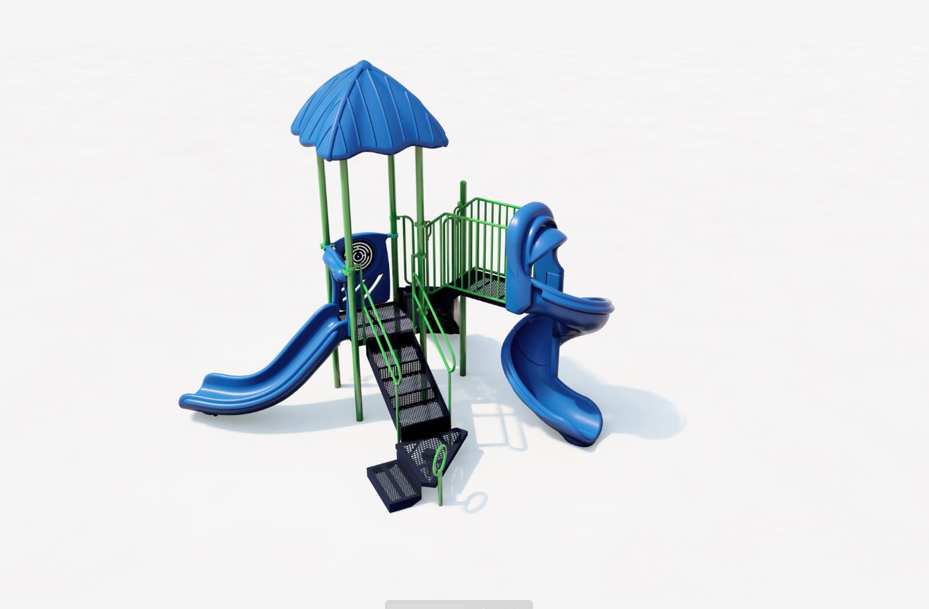 Blue and green playground structure with dual slides, stairs, platform, and blue roof designed for active children's play