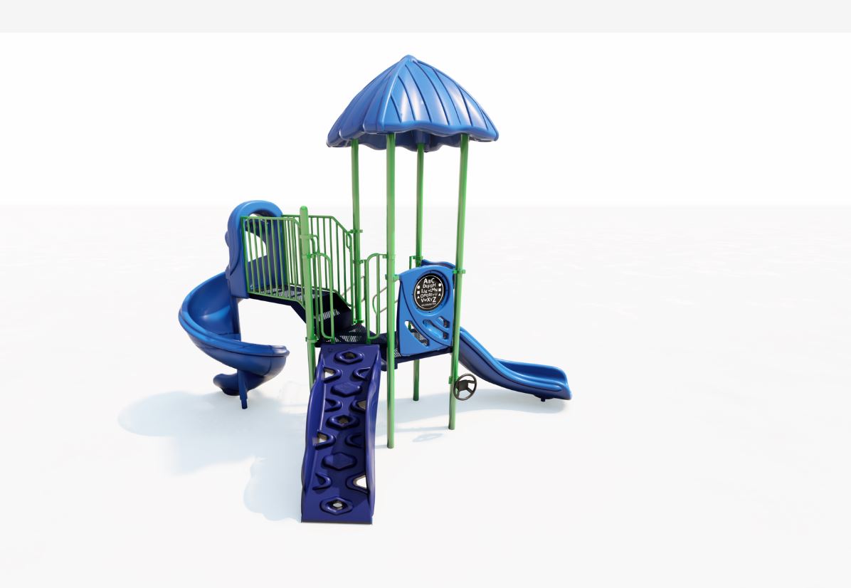 Compact blue and green playground structure with roof, climbing wall, spiral and straight slides, and activity panel