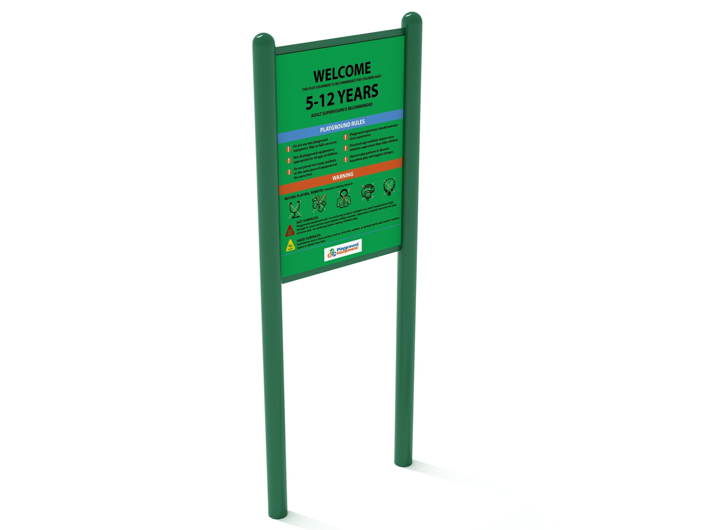Green double-sided playground safety and welcome sign with age guidelines, rules, warnings, and icons on sturdy posts
