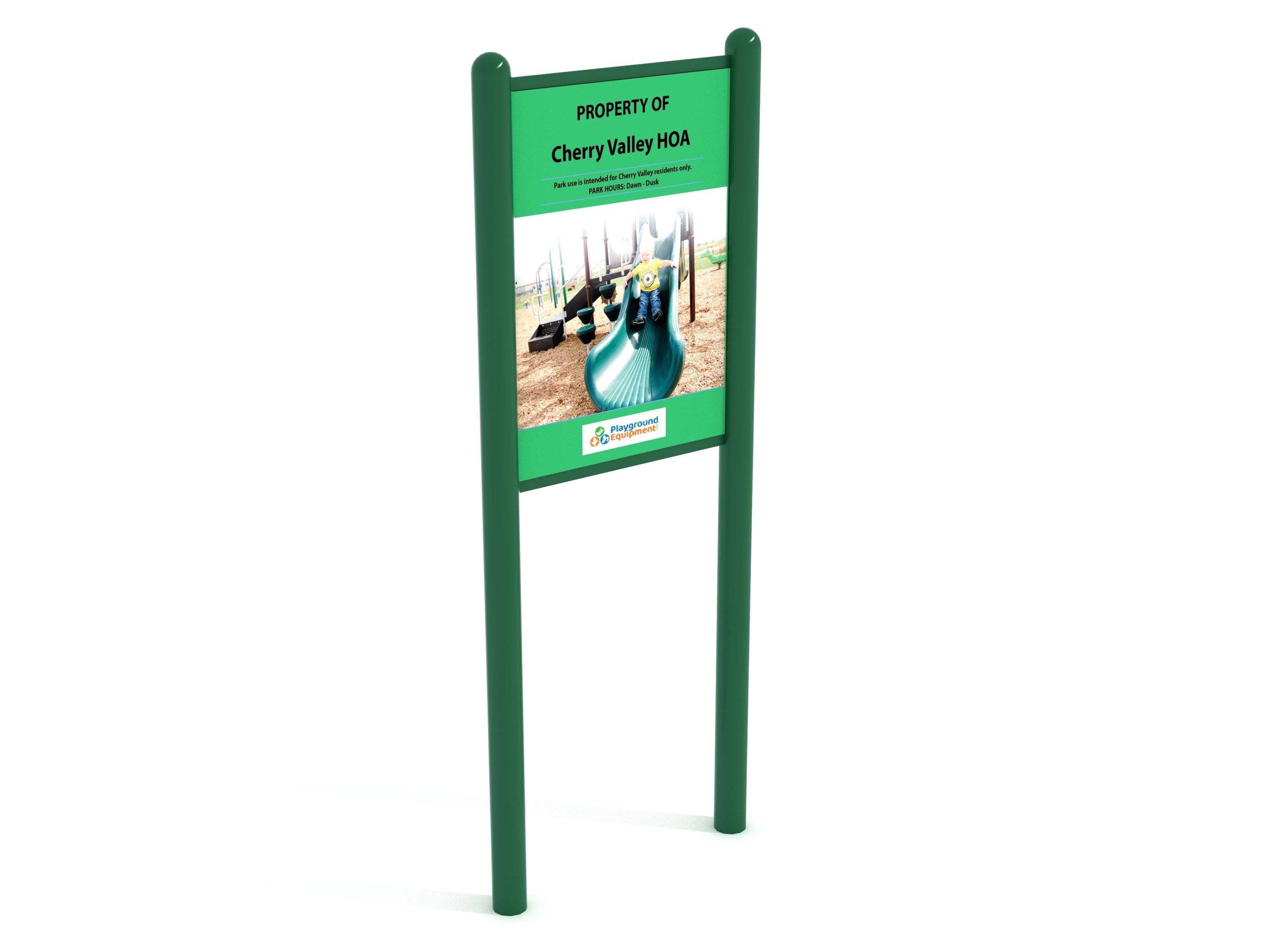 Green double-sided park safety sign with playground photo and community rules mounted on two poles