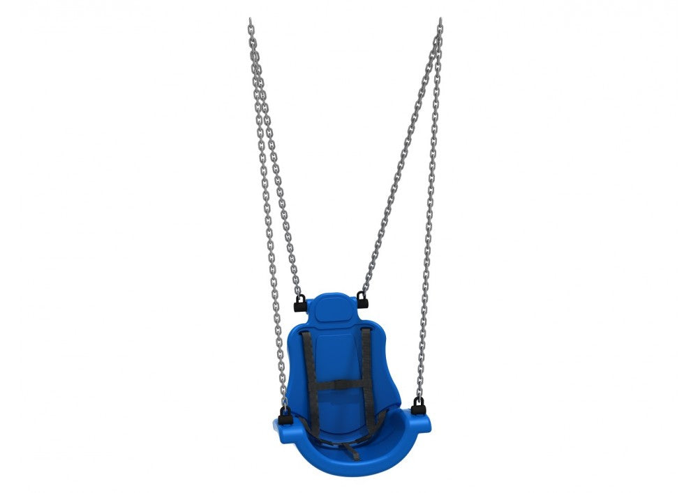 Child Adaptive Swing Seat in Pacific Blue with safety harness and metal chains for inclusive playgrounds