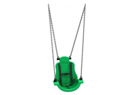 Rainforest green adaptive swing seat with nylon safety harness and metal chains for inclusive playgrounds