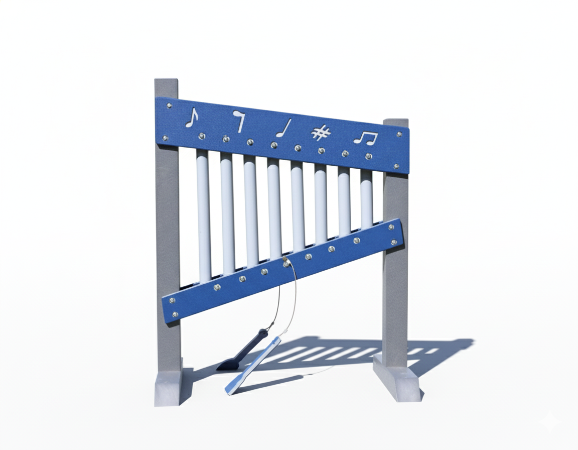 Blue freestanding outdoor musical chime wall with metal bars and musical note symbols on top panel