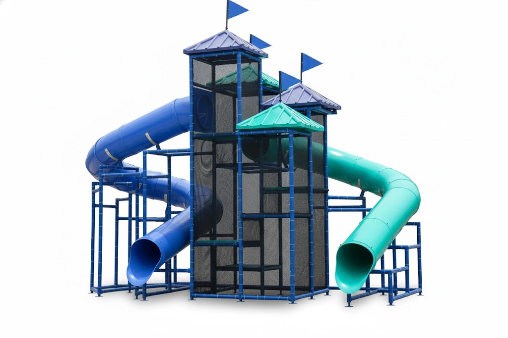 The Caribbean Sea Water Slide with two curved blue and teal slides, metal framework, mesh safety netting, and peaked roofs with flags at a poolside setting