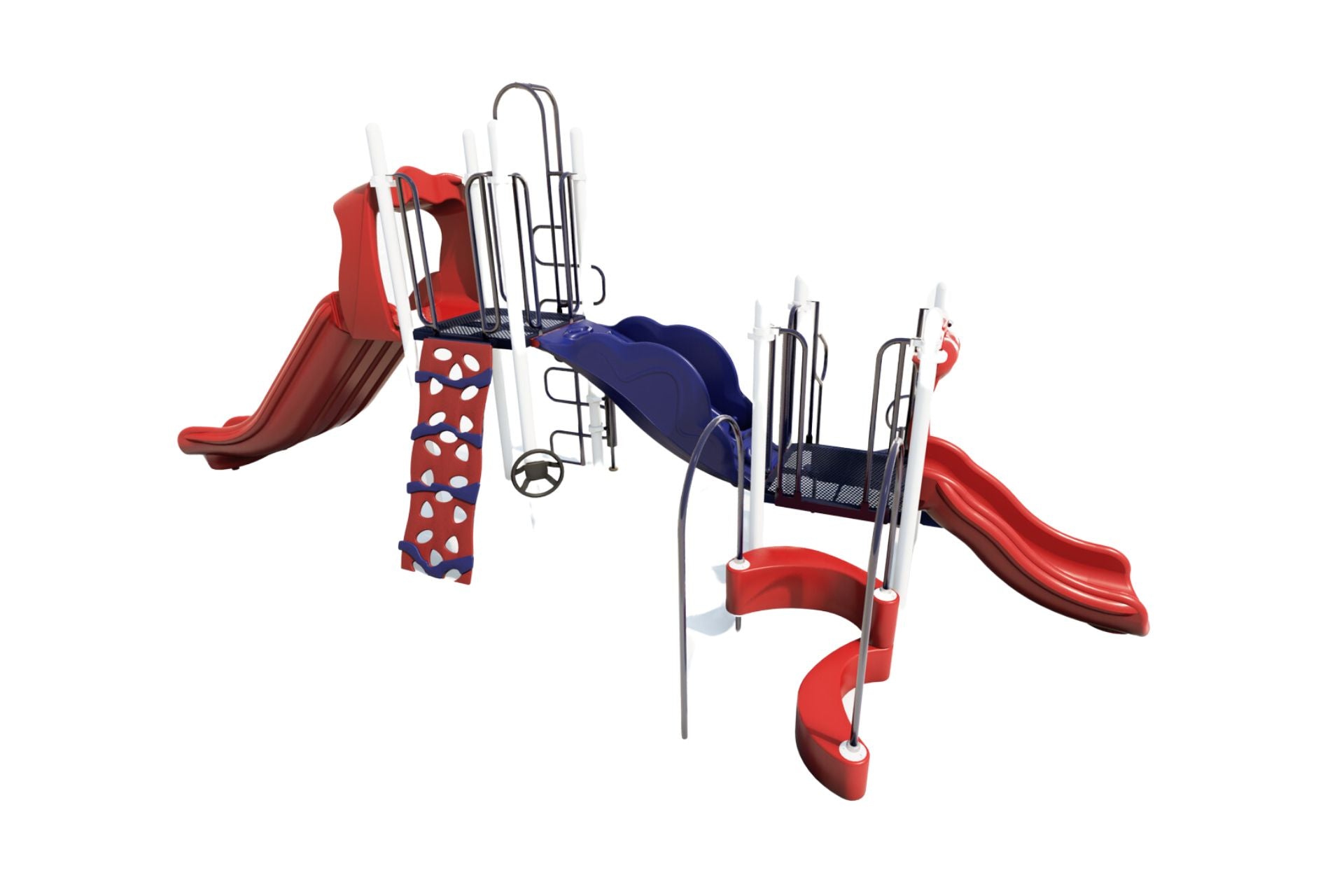 Cliff Dwelling Playground with red and blue slides, climbing wall, play wheel, and metal safety rails on white background