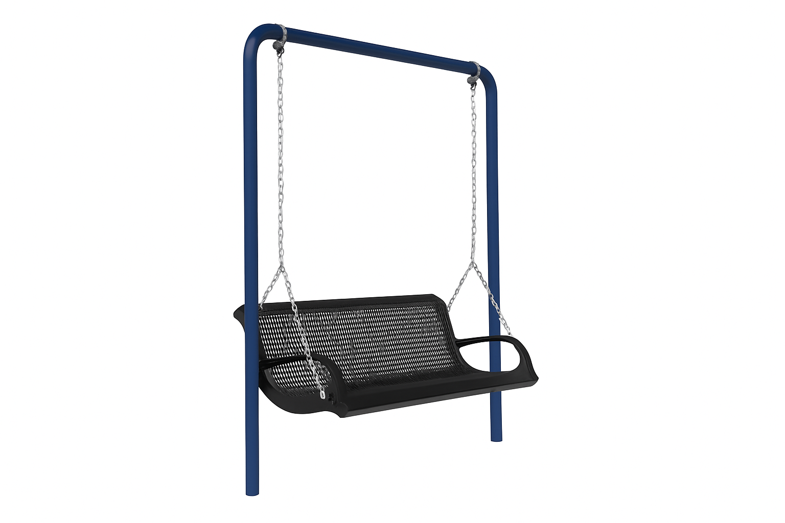 Commercial-grade steel lawn swing with black contoured seat, navy powder-coated frame, and metal chain suspension