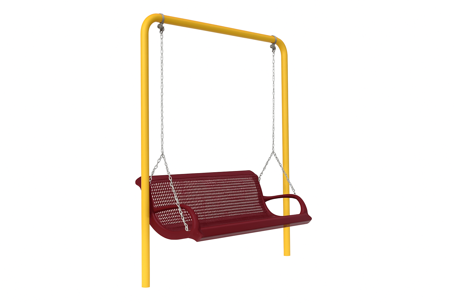 Commercial-grade steel lawn swing with burgundy expanded metal seat and yellow powder-coated frame suspended by chains