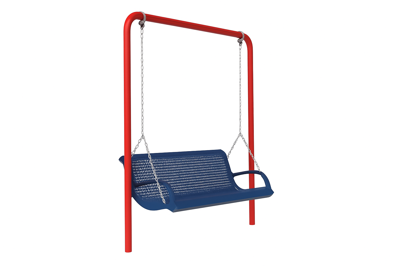 Commercial-grade steel lawn swing with blue contoured seat, red powder-coated frame, and metal chain suspension