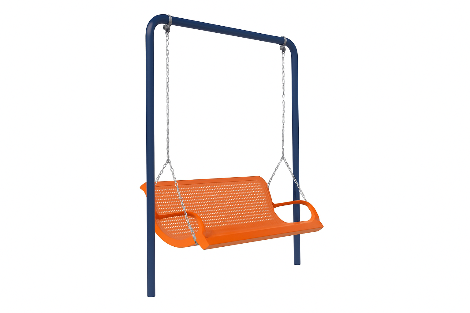 Commercial-grade steel lawn swing with orange expanded metal seat, navy powder-coated frame, and chain suspension.
