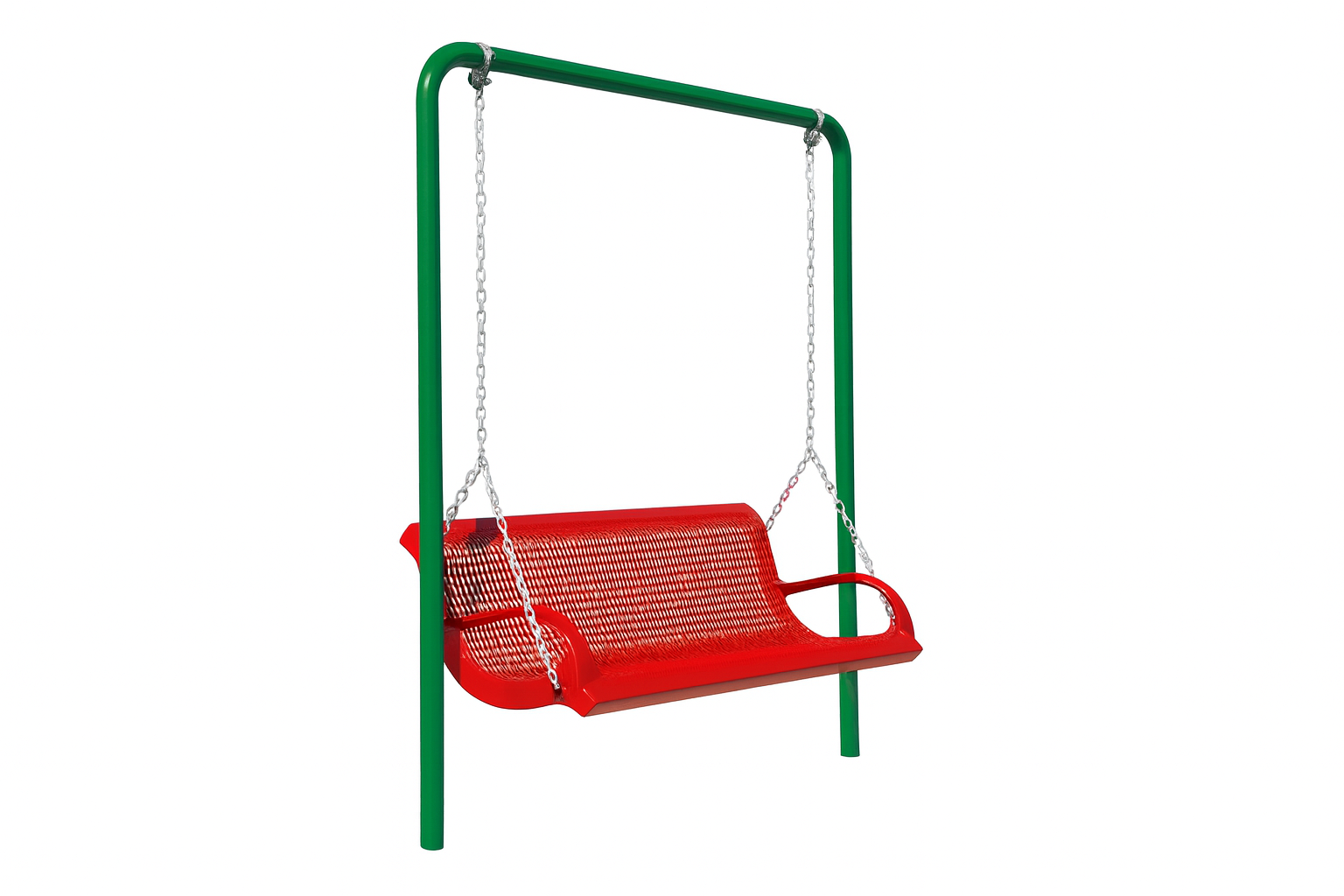 Commercial-grade steel lawn swing with red expanded metal seat, green powder-coated frame, and chain suspension.