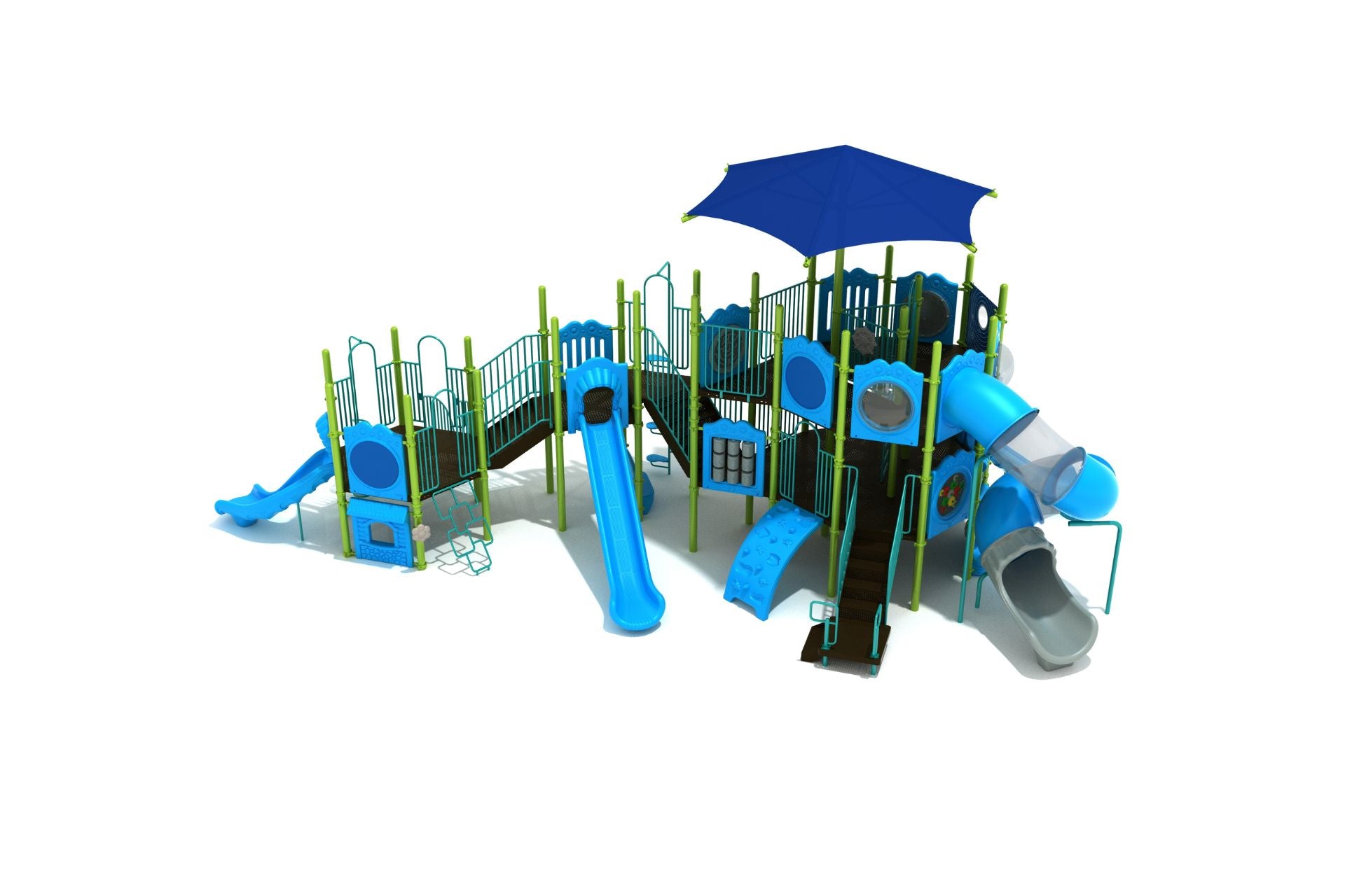 Concord Station Playground large play system with three-story shaded tower, blue slides, climbers, interactive panels, and elevated pathway