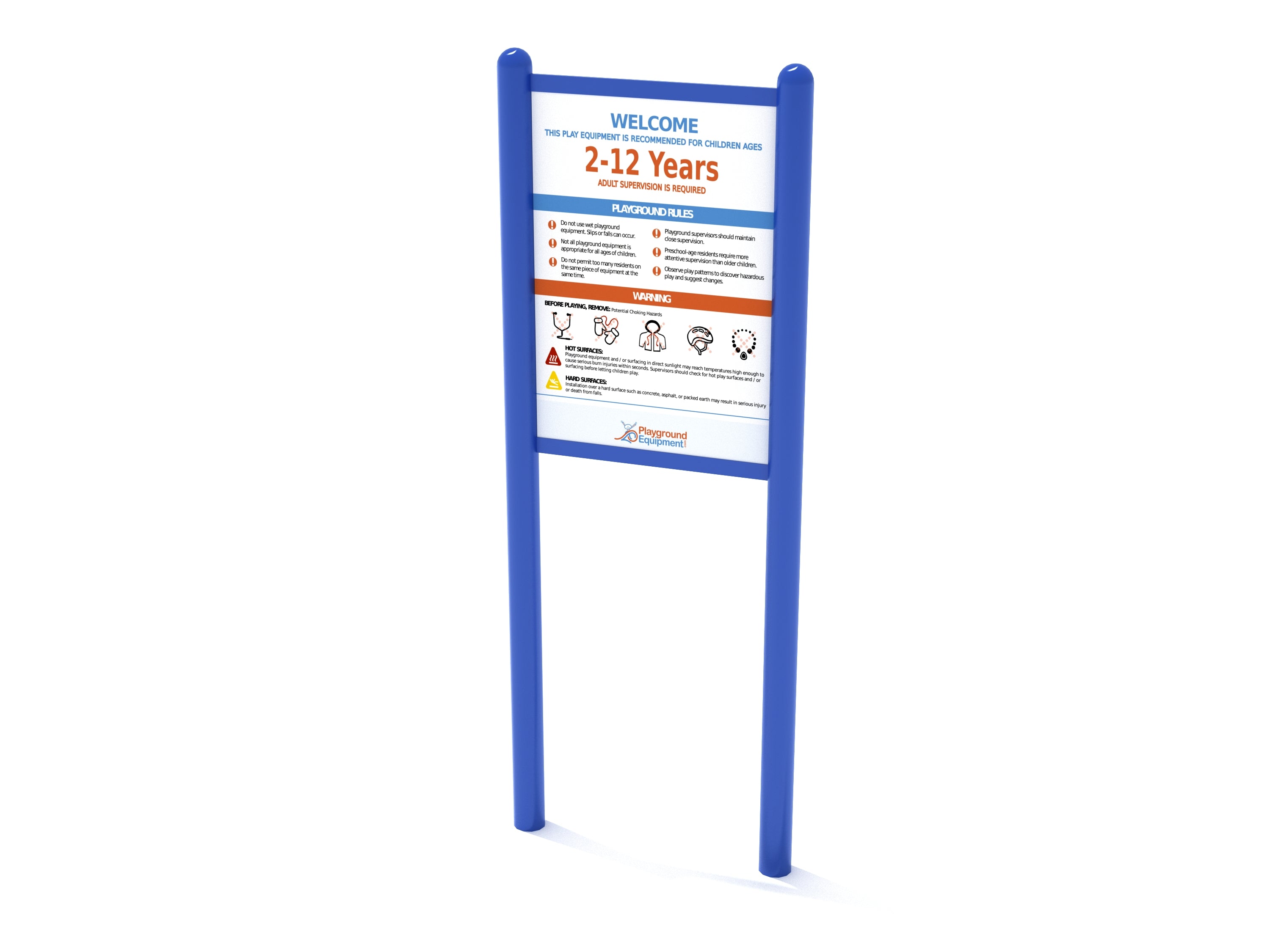 Double-sided playground safety sign with blue frame displaying age guidelines, rules, warnings, and icons for park visitors.