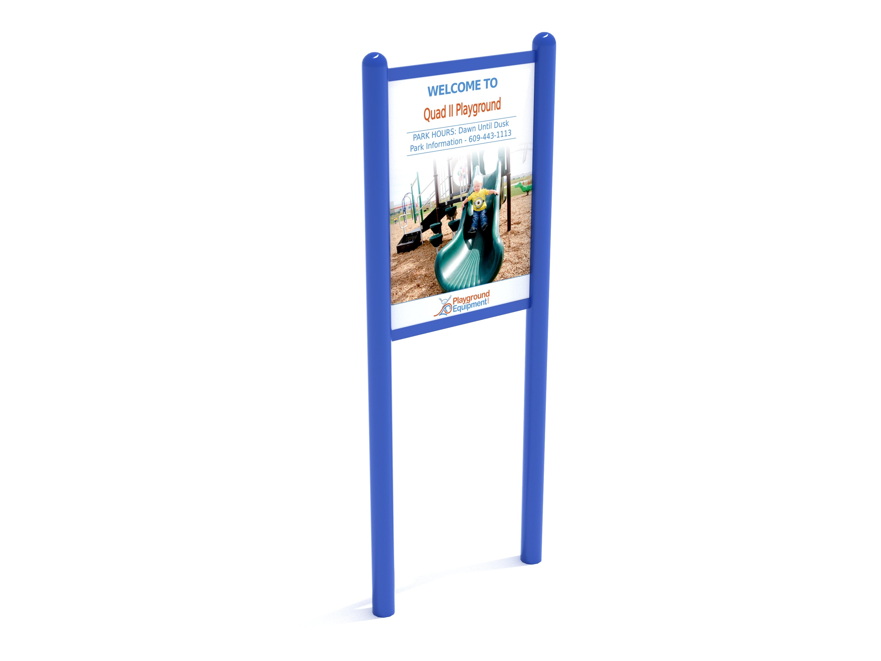 Blue-framed double-sided park sign with playground photo, safety rules, and welcome message for outdoor use