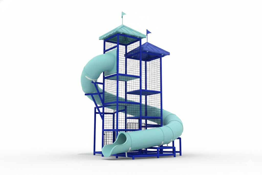 Lake Erie Water Slide with blue frame, light blue curved flumes, mesh safety netting, dual towers, and flags by a pool