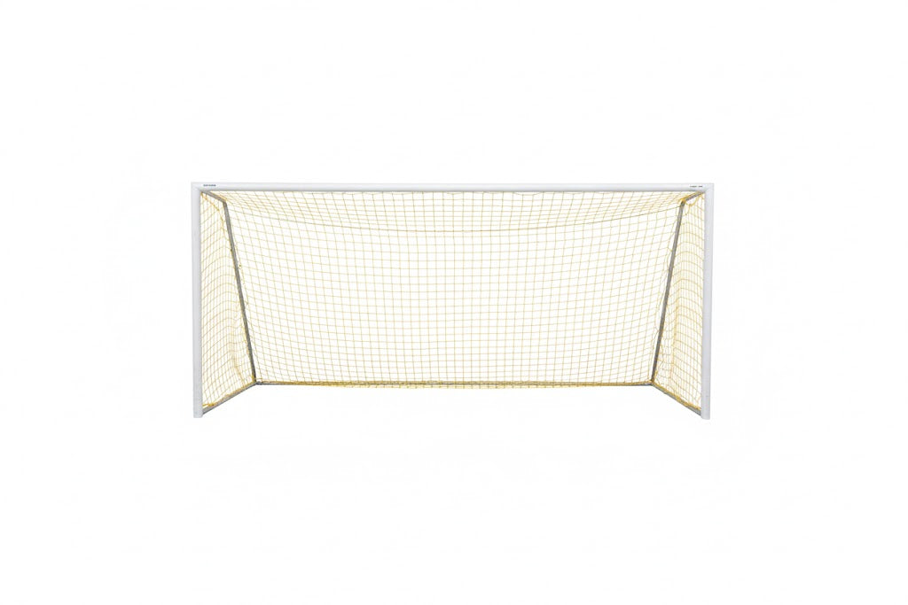 Steel Soccer Goals, Set of 2 with durable white steel frames and yellow nets on grassy field, goalkeeper diving to block ball