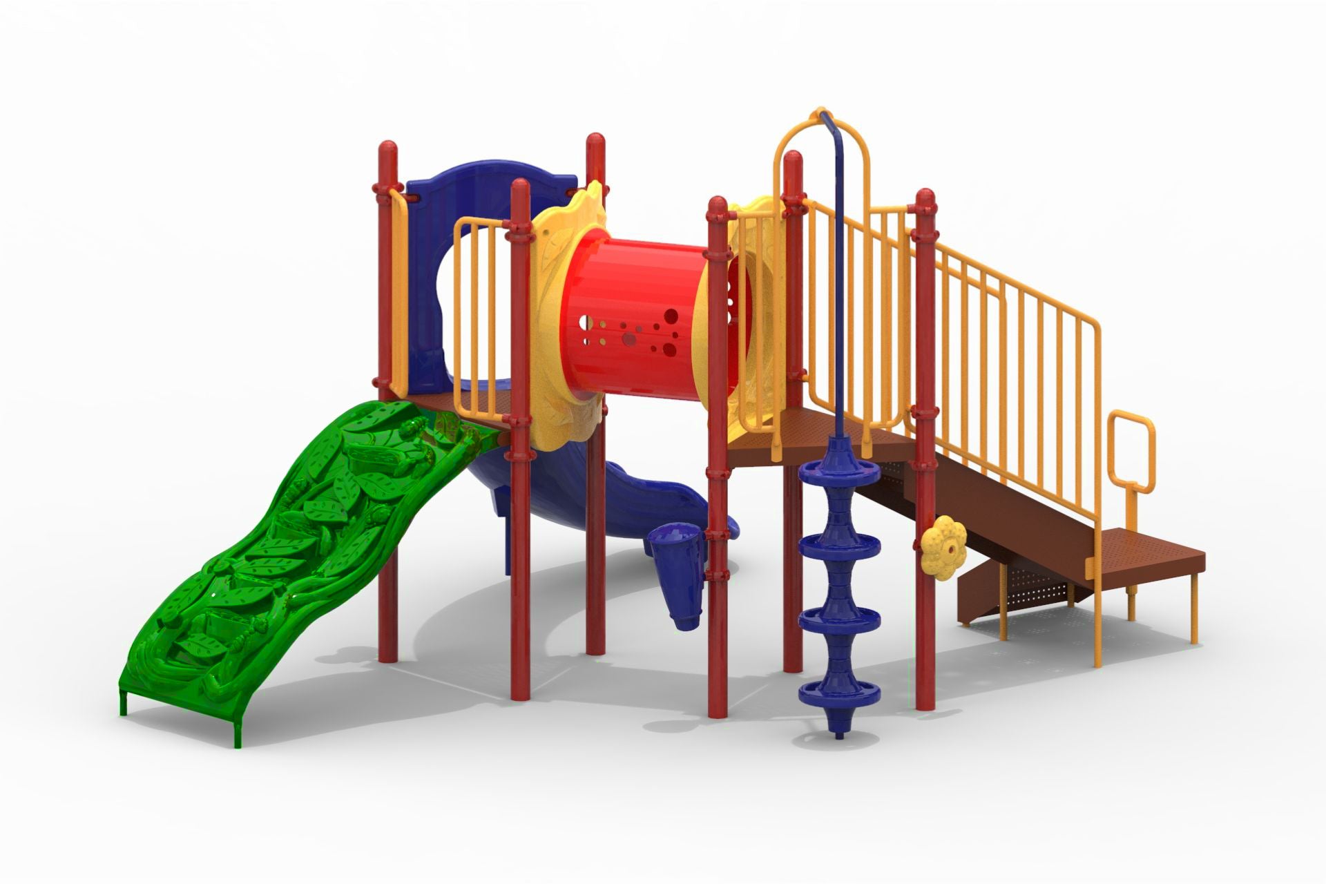 Compact playground with green leaf-patterned climber, red tunnel, blue spiral climber, slide, and yellow railings
