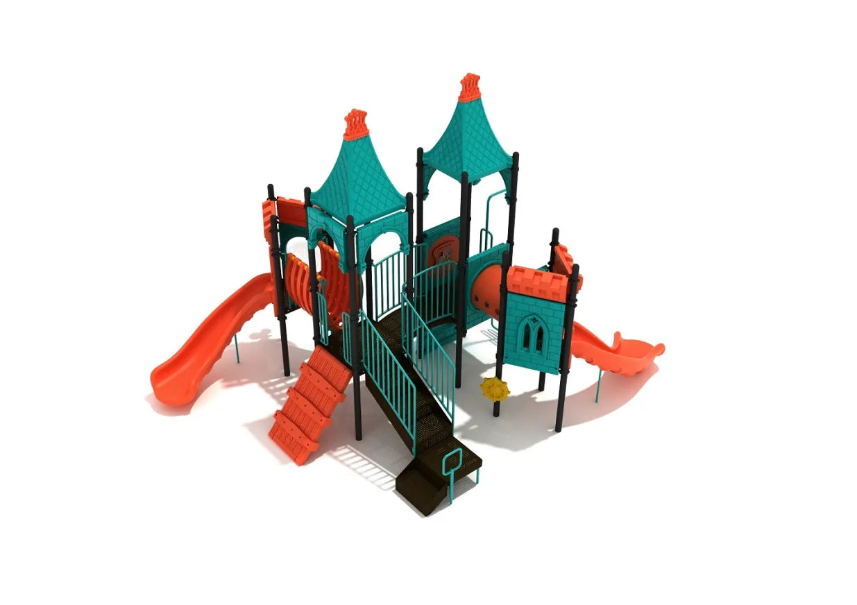 Den of Dragons Playground with teal castle roofs, orange wave and spiral slides, arched bridge, climbers, and activity panels for creative play
