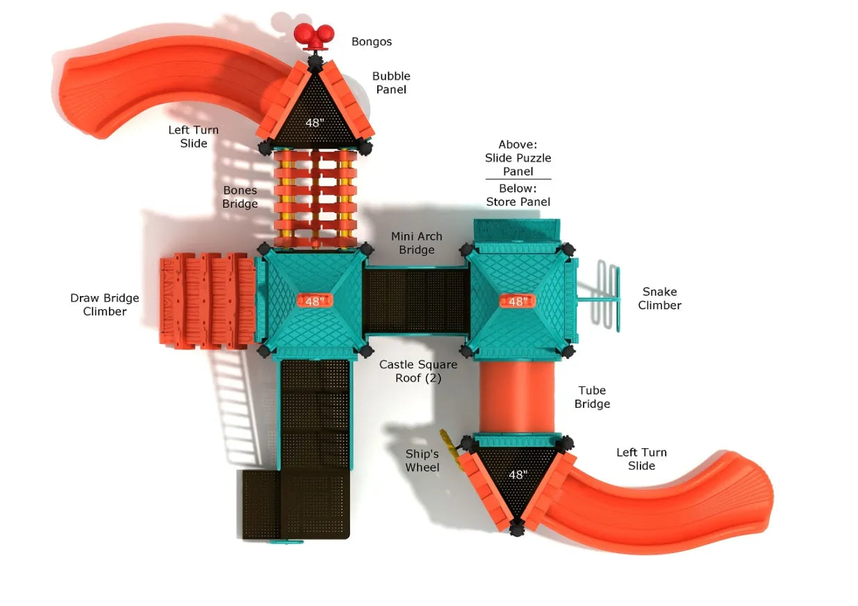 Overhead view of a colorful medieval-themed playground with castle roofs, slides, climbers, bridges, and interactive activity panels.