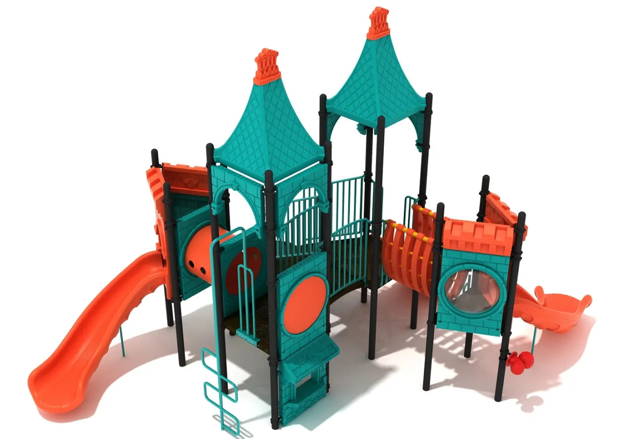 Medieval-themed playground with teal castle roofs, orange wave and spiral slides, climbing structures, arched bridge, and activity panels