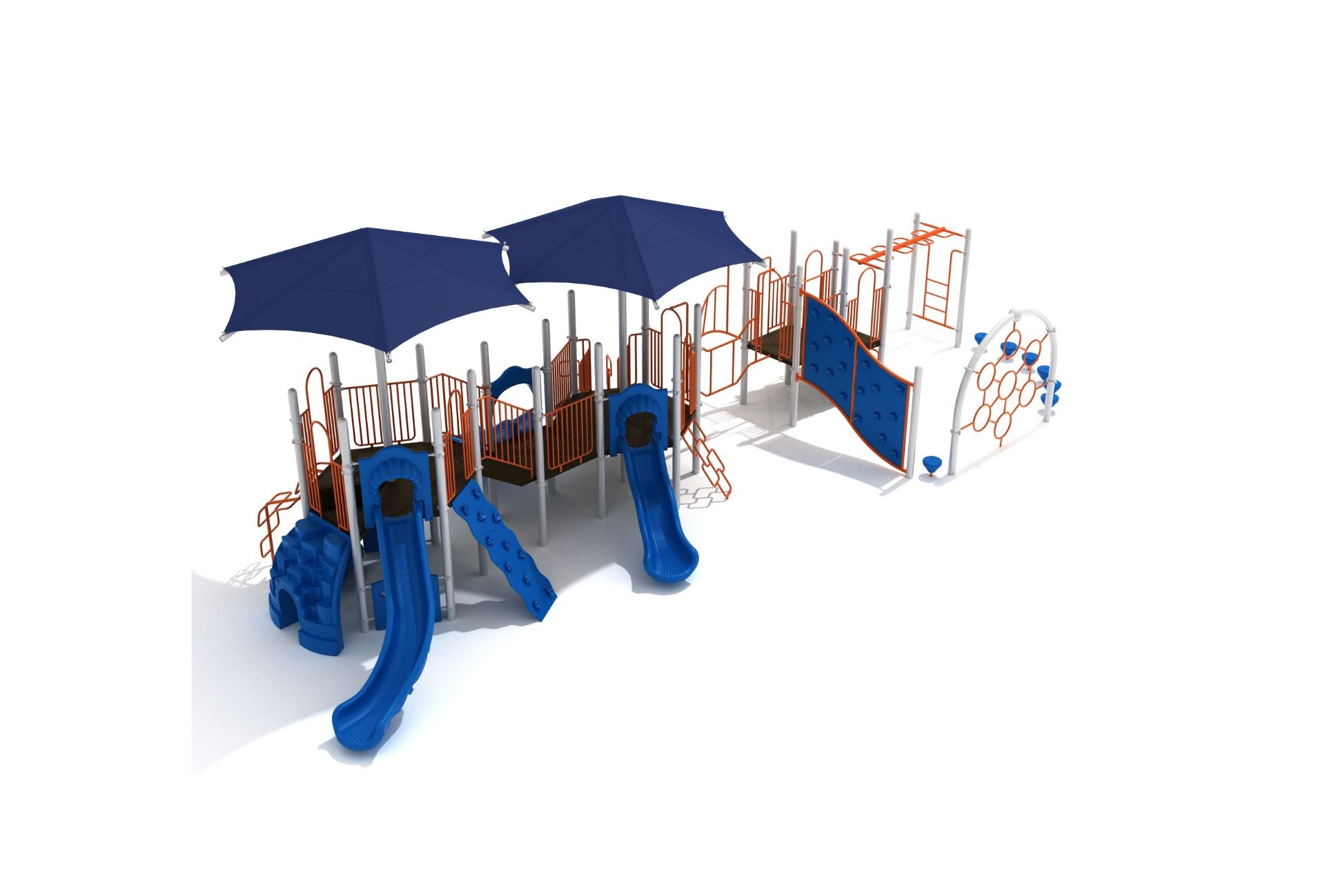 Derby Run Playground with blue slides, climbing walls, monkey bars, shaded platforms, and interactive play features in an outdoor setting