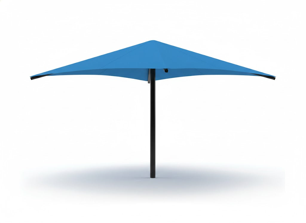 Single Post Pyramid Roof Shade Structure with blue UV-blocking fabric and black post shading outdoor picnic tables in playground