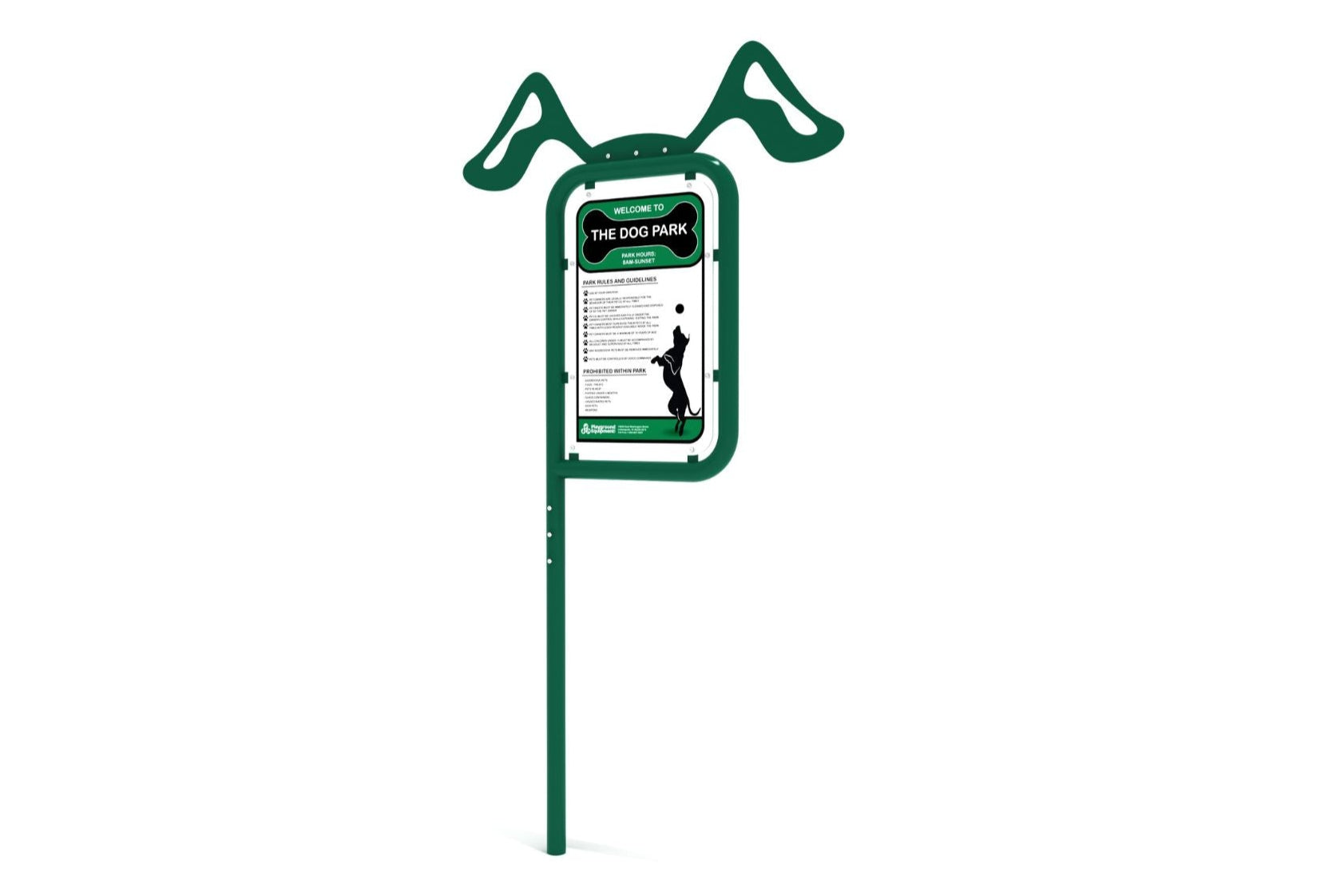 Dog Park Sign with dark green dog ear-shaped frame, featuring park rules and a dog silhouette playing with a ball, Dog Park Sign