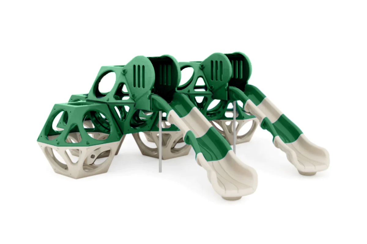 Double Trouble Qube Climbing Cube Slide with seven interconnected green and natural cubes and two side-by-side slides for active play and climbing
