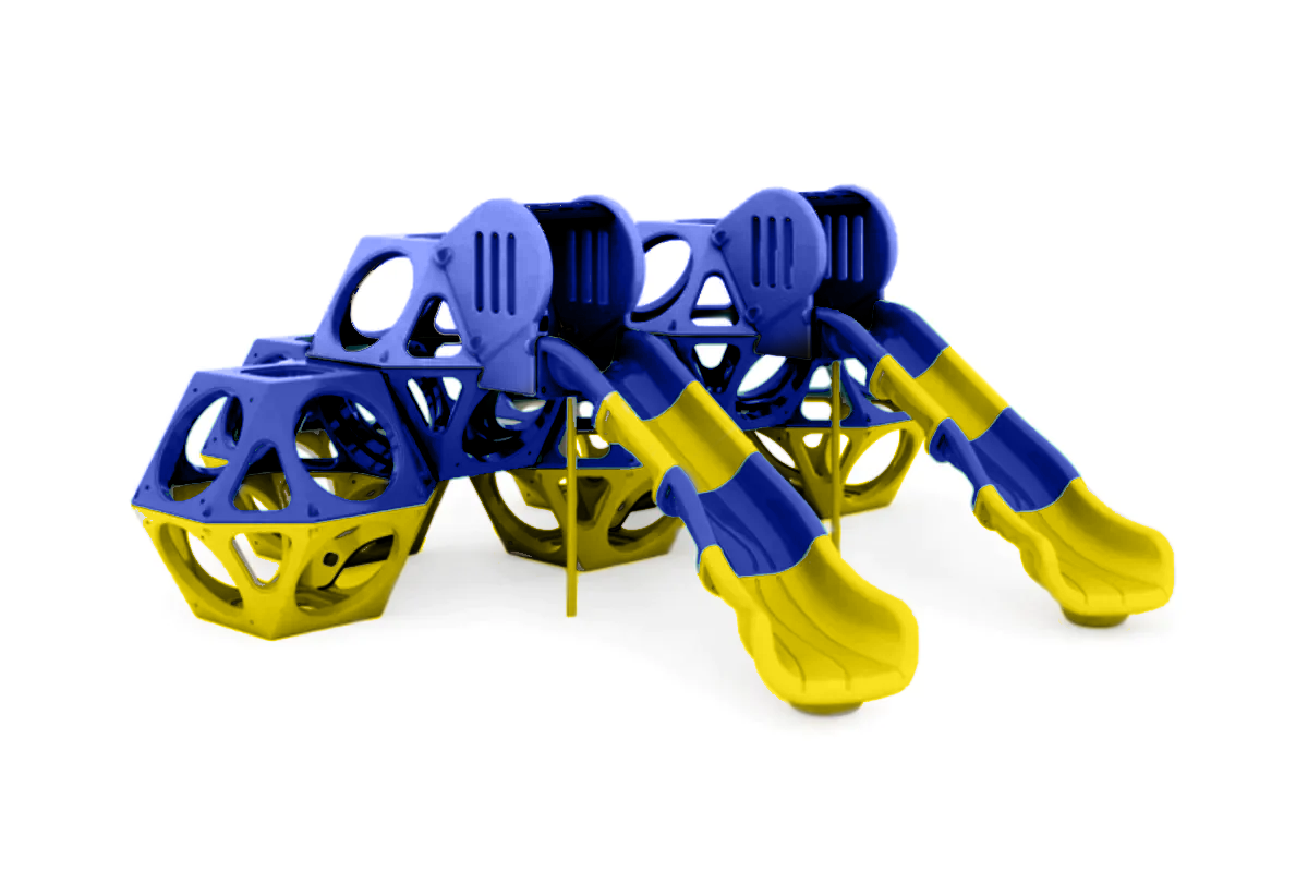 Modular playground structure with seven interconnected blue and yellow climbing cubes and two slides for active play and climbing.
