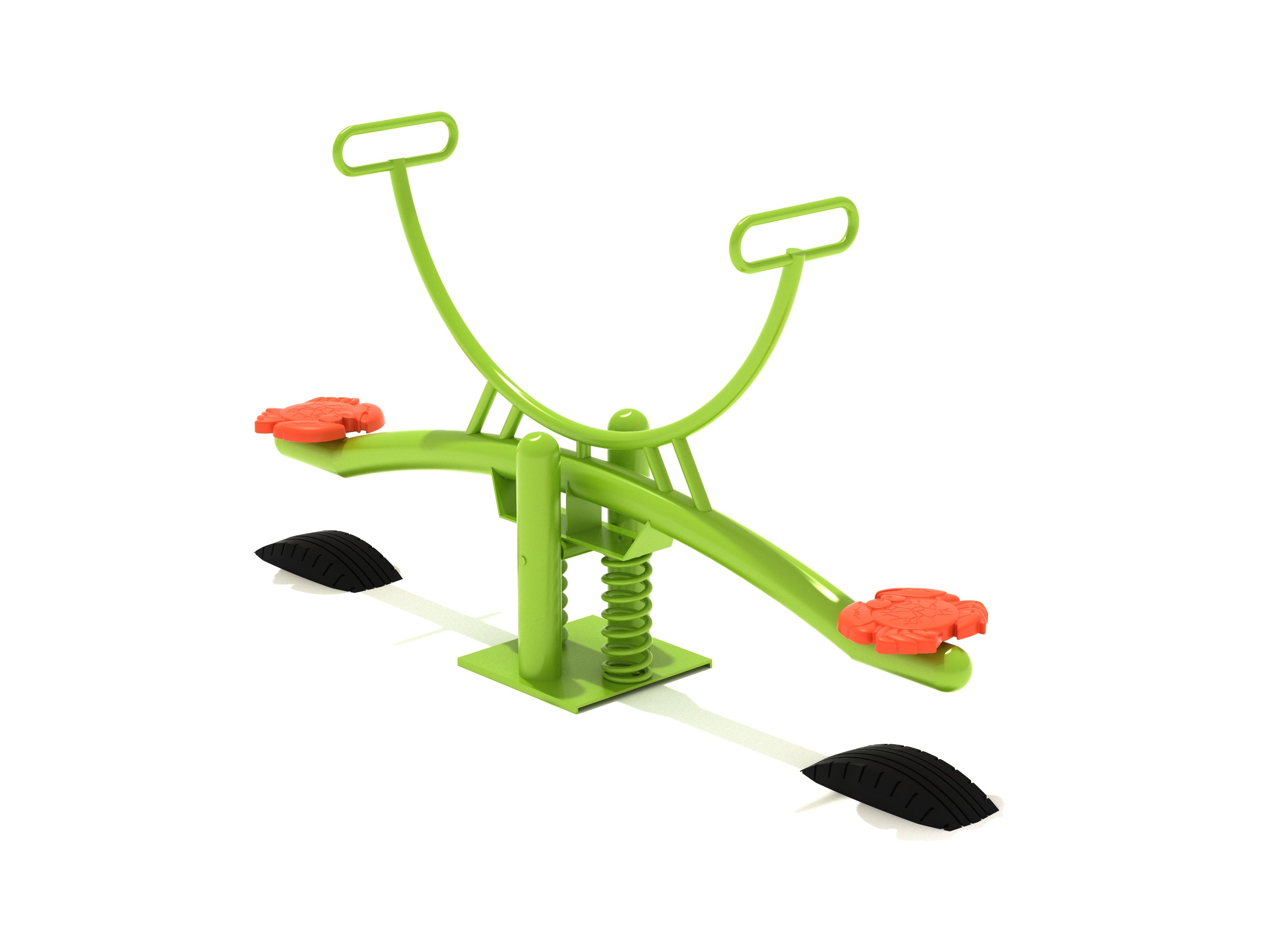 Flip Flopper Spring Rider seesaw with green steel frame, orange crab-shaped seats, and central spring mechanism for playground play