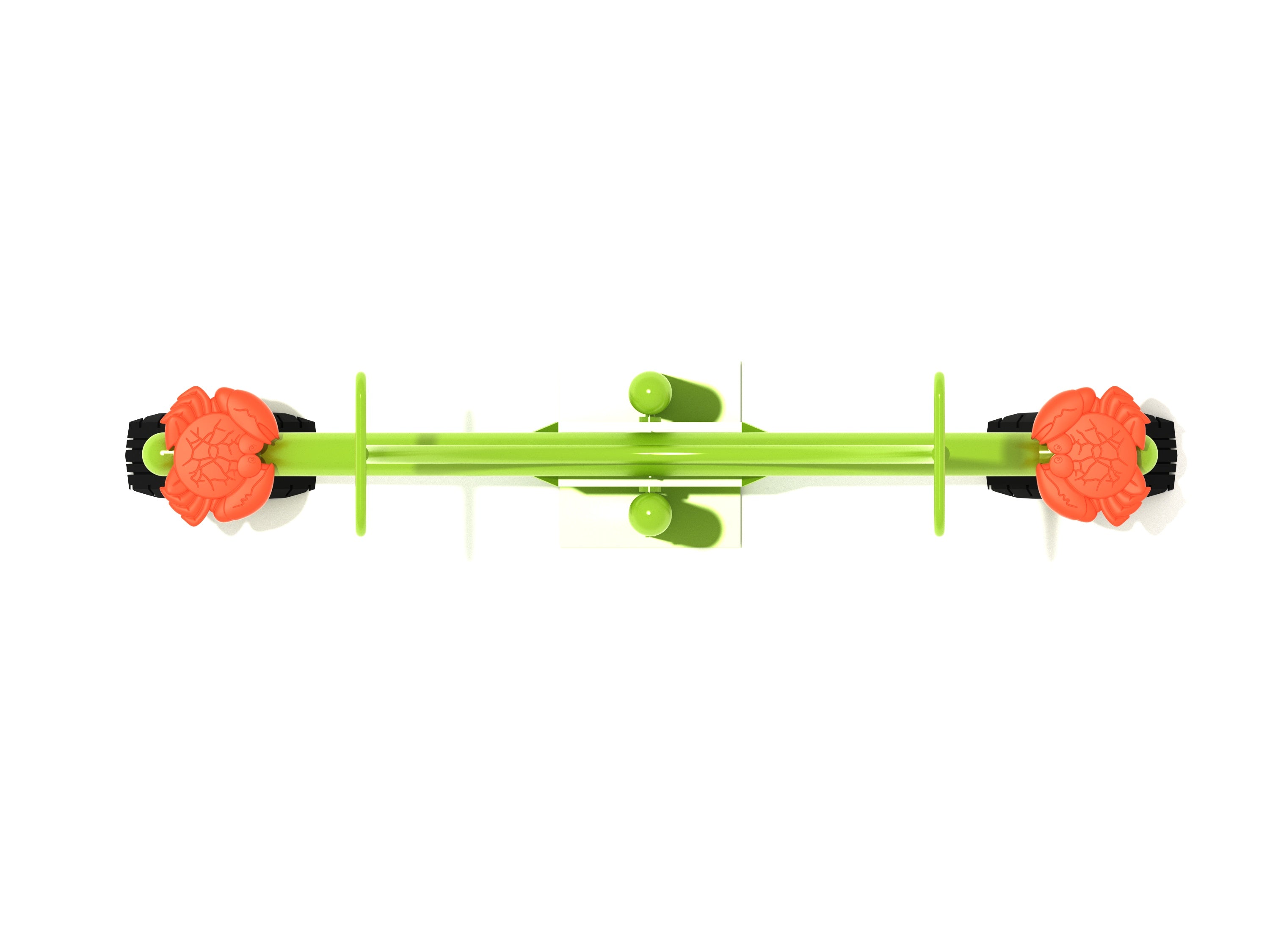Overhead view of green seesaw spring rider with orange crab-shaped seats and black bases