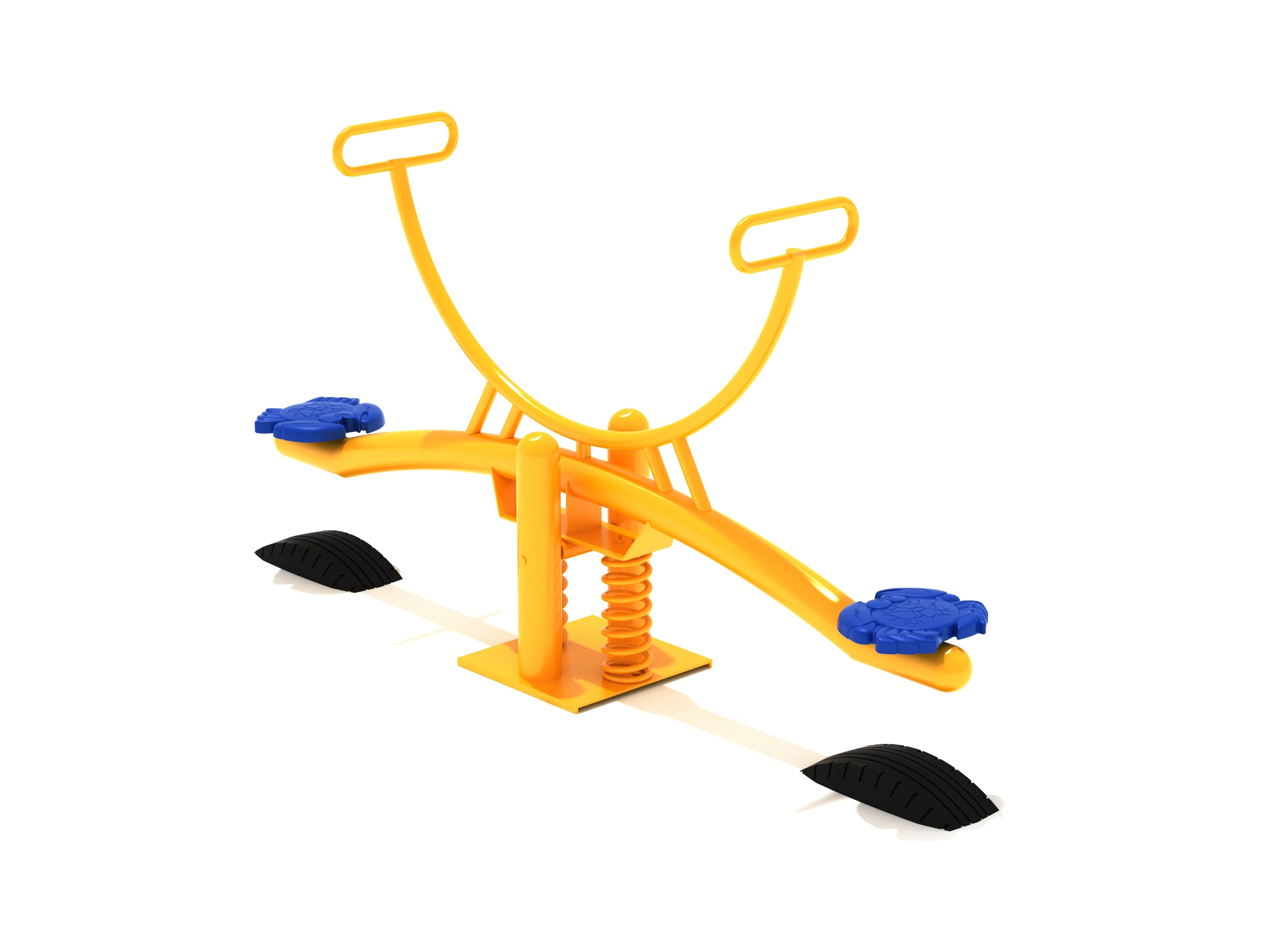 Yellow spring seesaw with blue crab-shaped seats and black footrests for playground balance and coordination play
