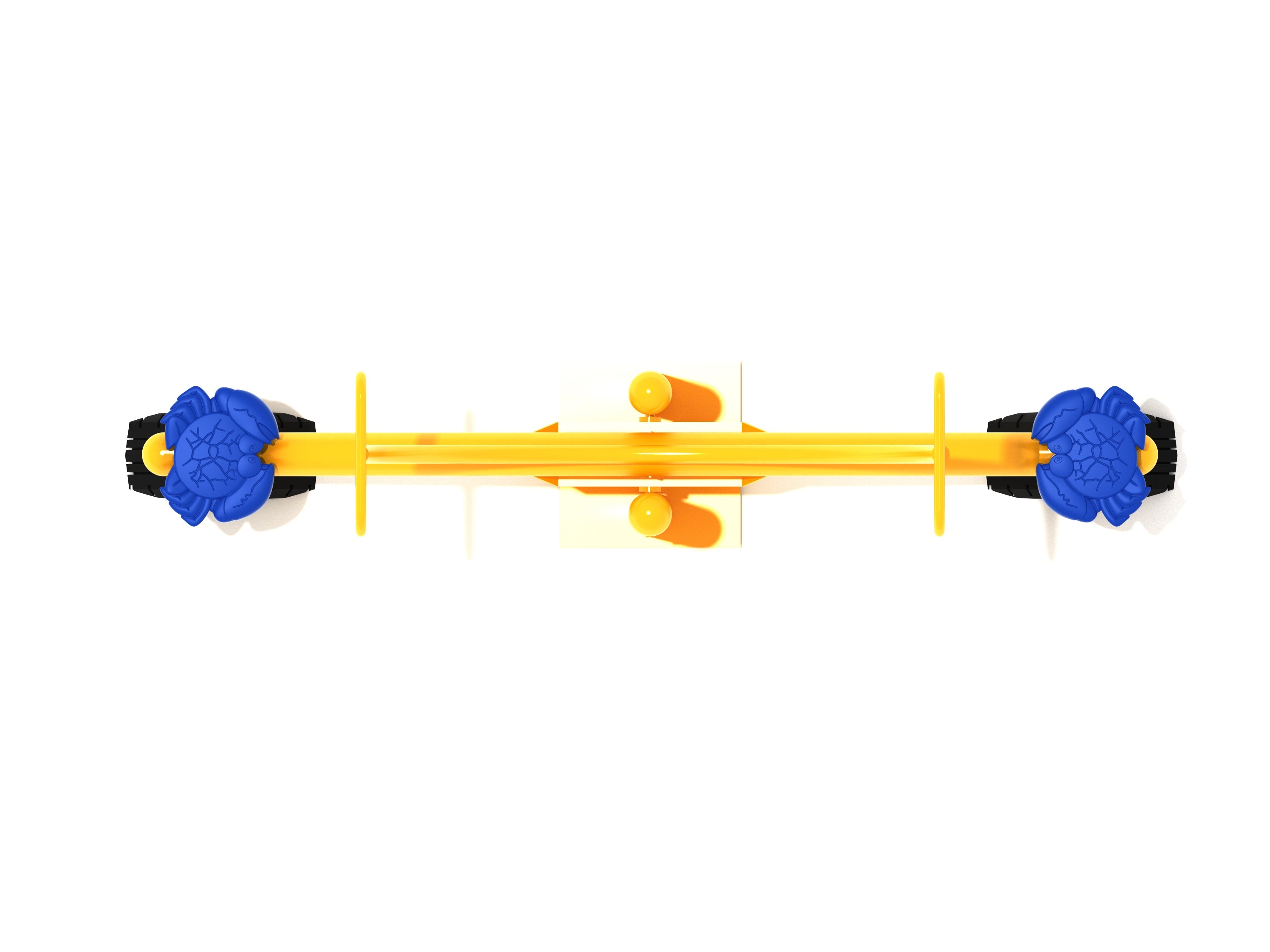 Overhead view of yellow seesaw spring rider with blue crab-shaped seats and black spring bases