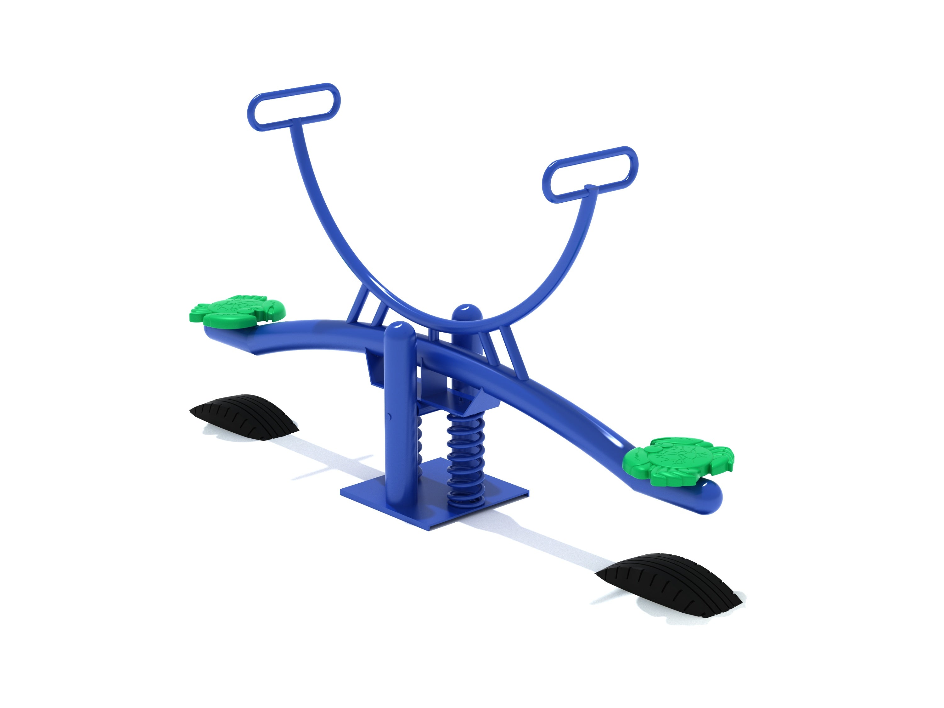 Blue spring seesaw with green crab-shaped seats and black footrests designed for playground balance and coordination