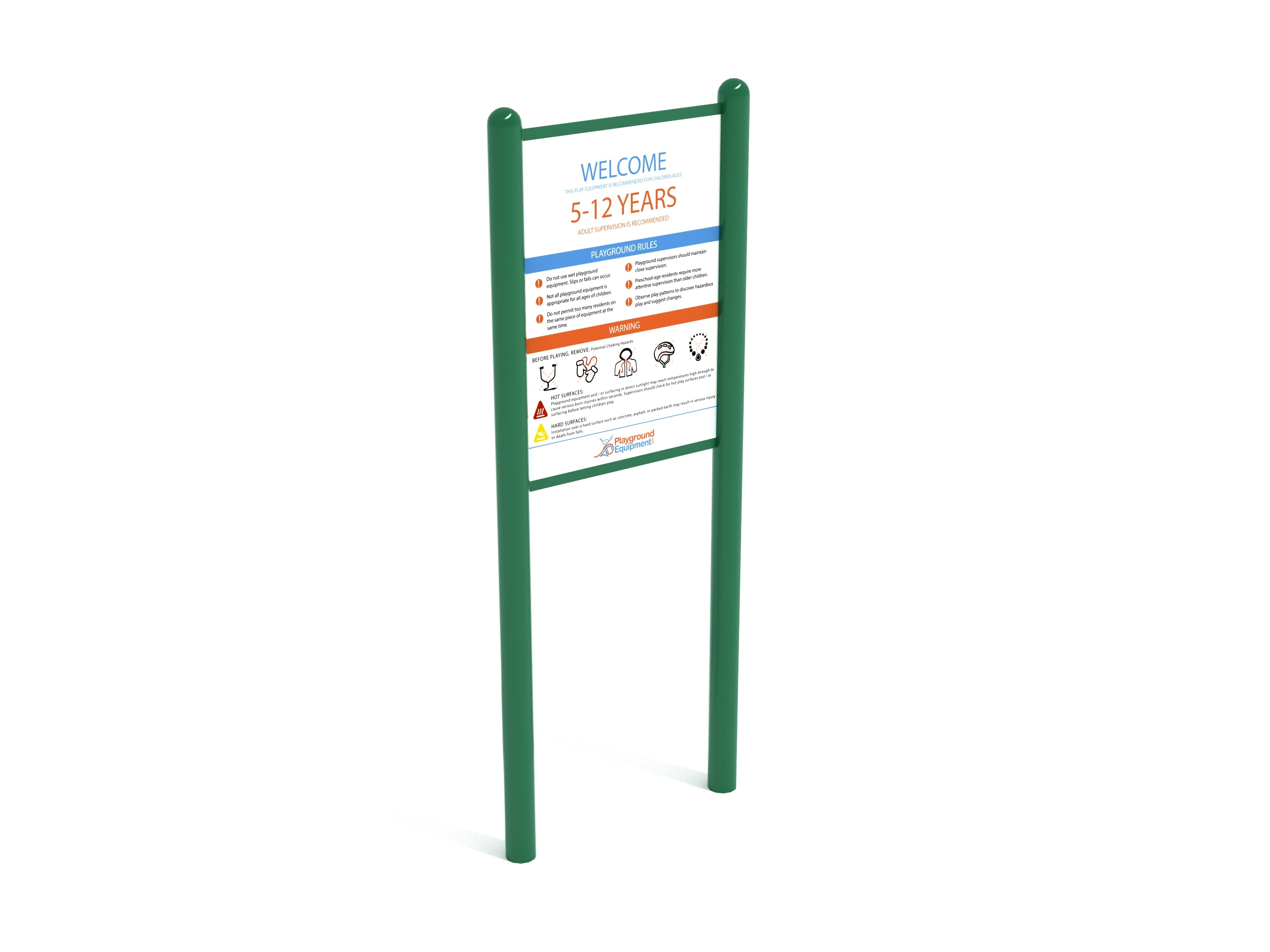 Double-sided playground safety and welcome sign with green posts, age guidelines, rules, and safety icons.